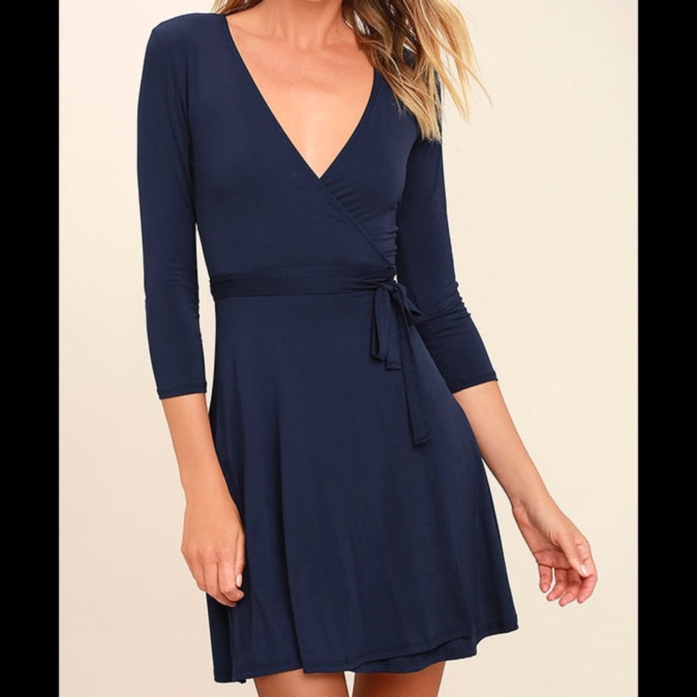 Lulu’s Twirl-Worthy Navy Blue Wrap Dress